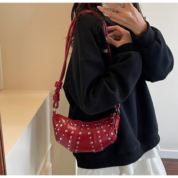 Red Statement Studded Crescent Handbag - Picture 4 of 9